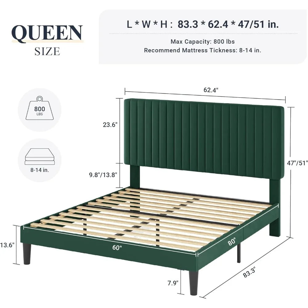 Queen Bed Frame, Velvet Upholstered Platform Bed with Adjustable Vertical Channel Tufted Headboard, Mattress Foundation