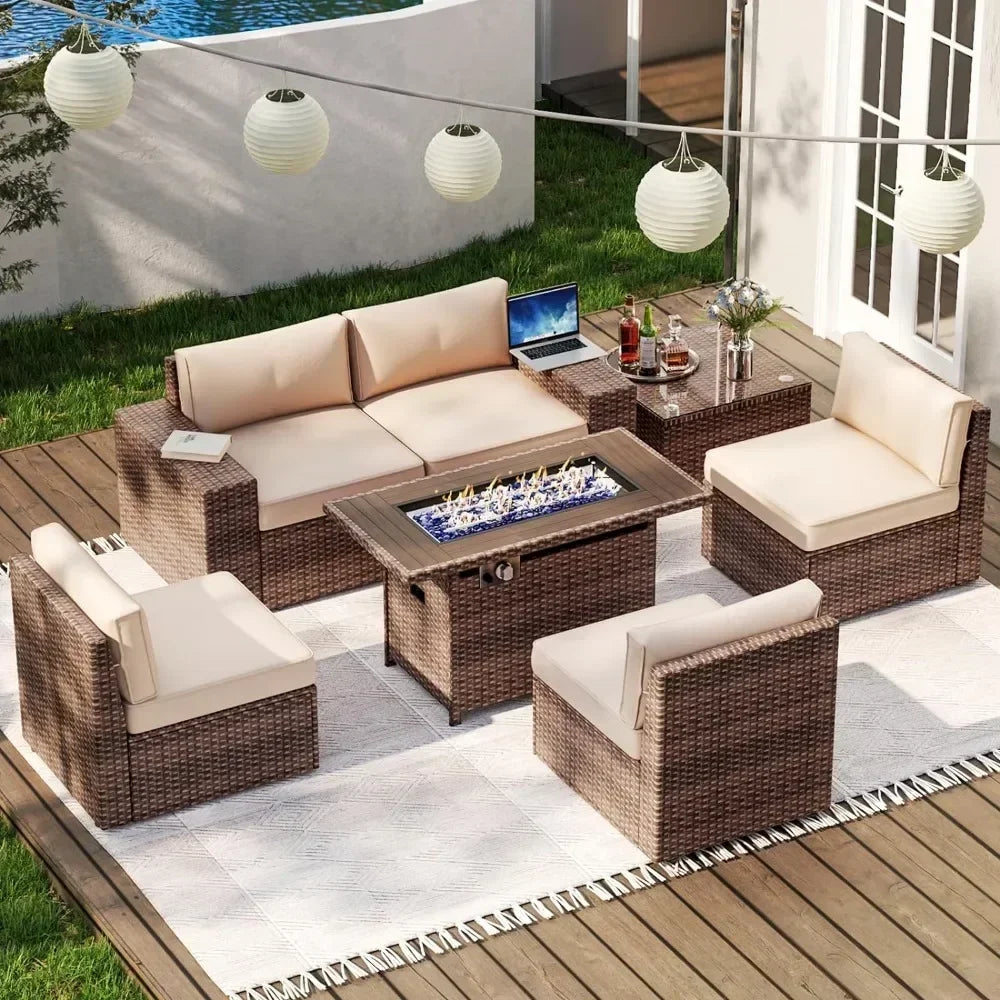 Outdoor Patio Furniture 7 Piec Set with 44” Fire Pit Table & Include Waterproof Cover with Cushions, Outdoor Furniture Set