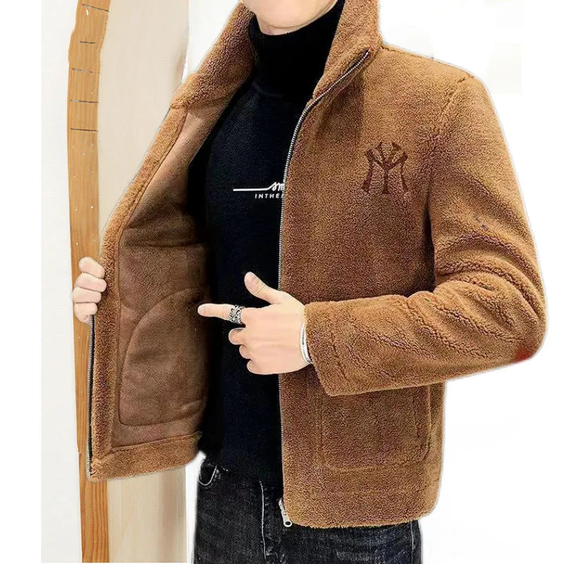 2024Fashionable autumn and winter new lamb wool jacket men's stand up collar trend with thick wool men's cotton jacket