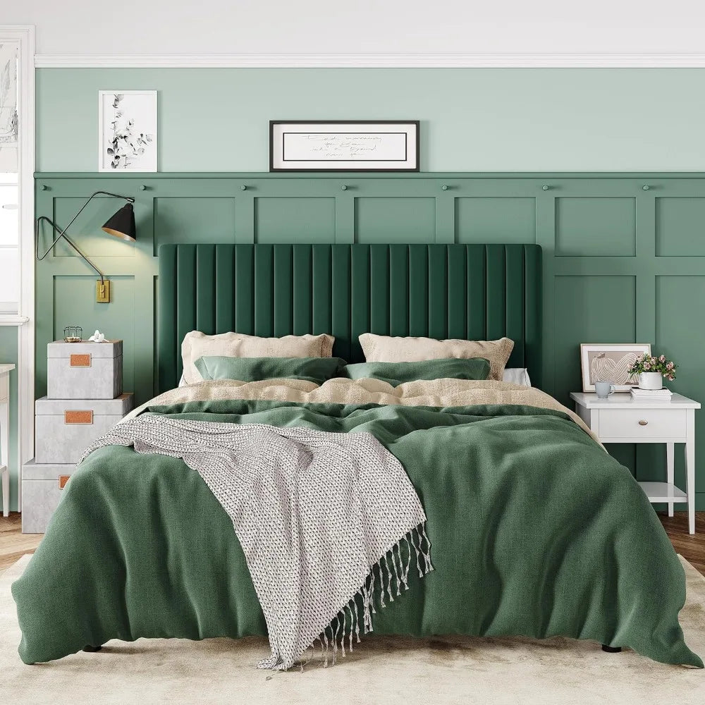 Queen Bed Frame, Velvet Upholstered Platform Bed with Adjustable Vertical Channel Tufted Headboard, Mattress Foundation