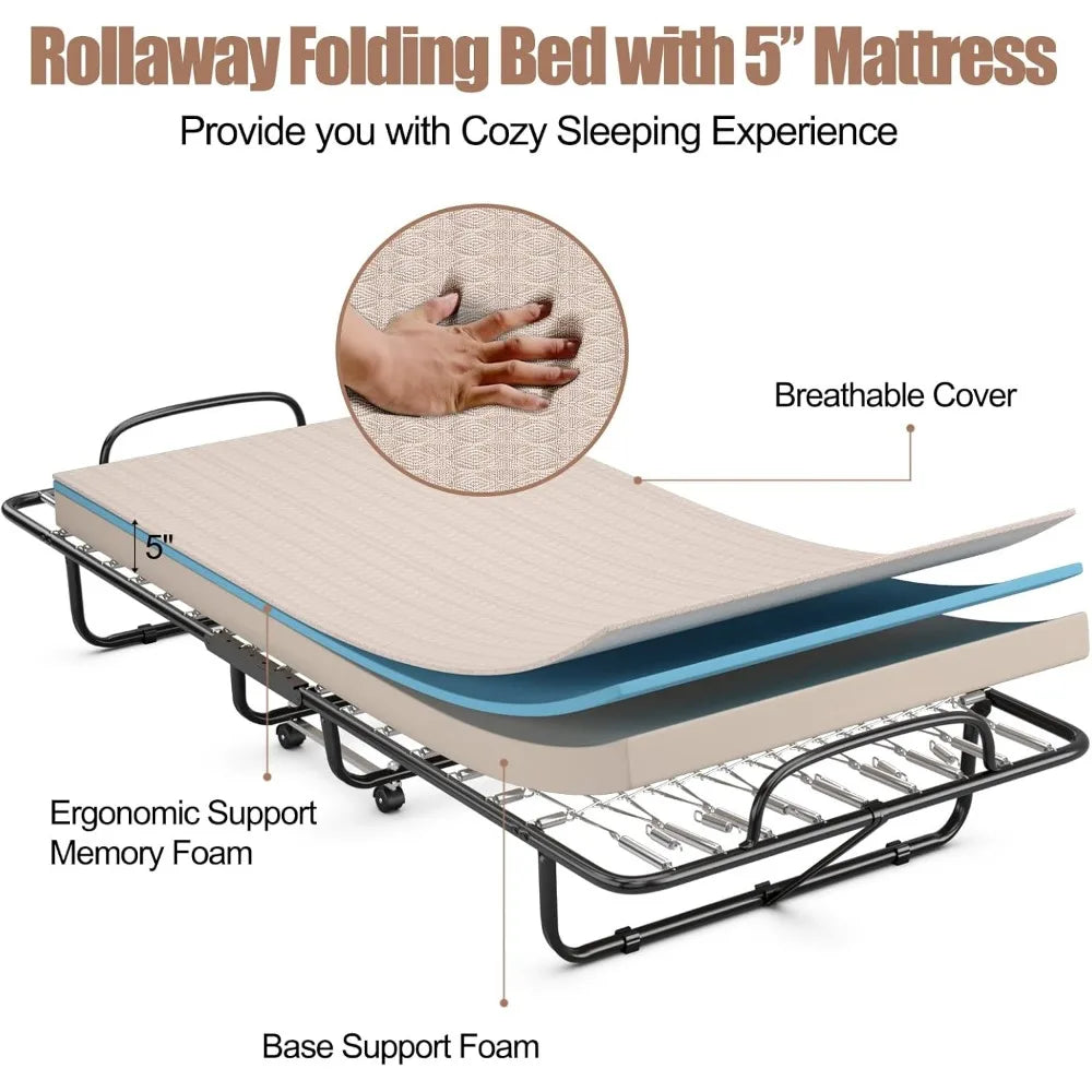 FoldingBedwithMattress with Memory Foam Mattress,Portable Fold Up Guest Bed with Sturdy Steel Frame on Wheels for Home