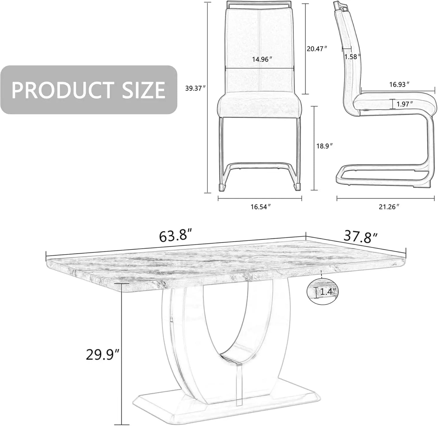 63 inch artificial marble dining table set, 6-8 inch, 7-piece rectangular dining table set, and 6 Pu leather cushioned chairs,