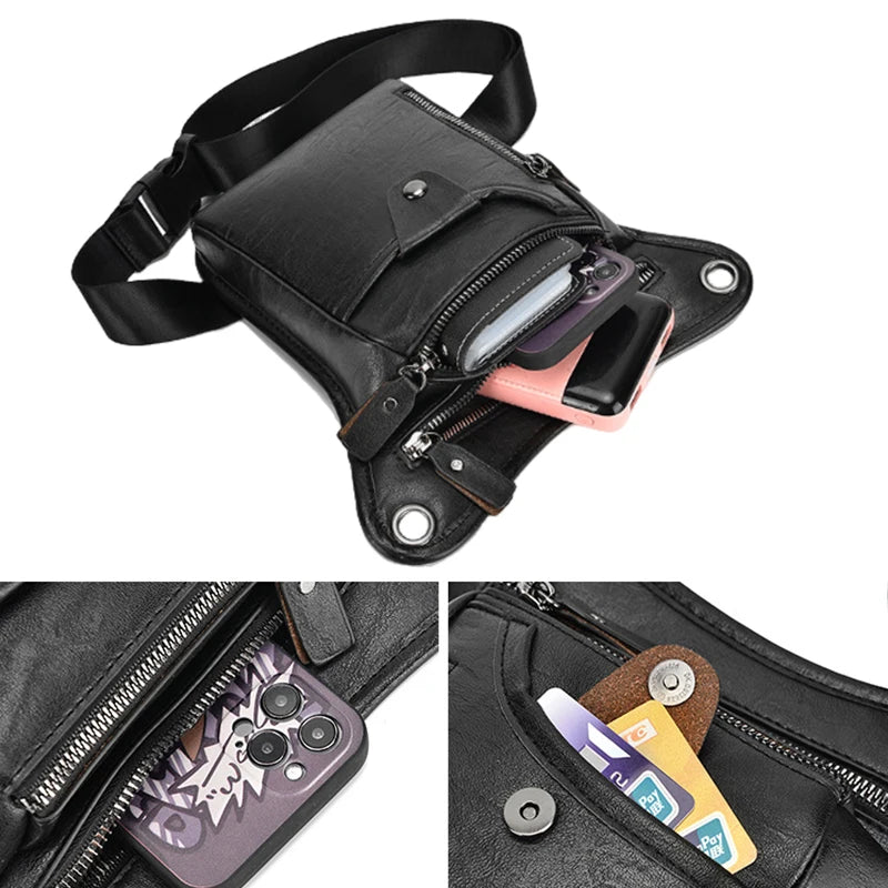 Vintage Men Waist Fanny Pack Drop Leg Cross Body Shoulder Bags for Motorcycle Rider PU Leather Male Messenger Hip Belt Thigh Bag