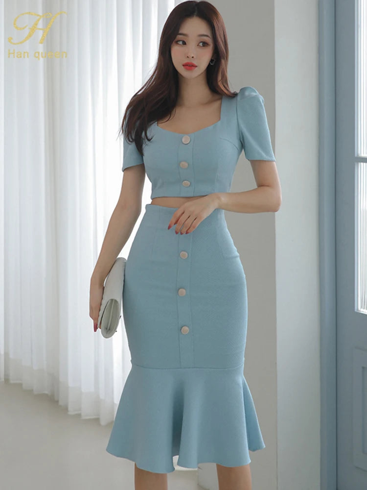 H Han Queen New Summer Womens 2 Pieces Suits Puff Sleeve Short Tops & Casual Fashion Sheath Mermaid Skirt Simple Work Sets