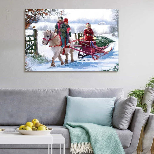 Framed Canvas Wall Art Painting: White Horse with Sledge for Christmas, Gift & Decor for Christmas Eve, Office, Living Room.