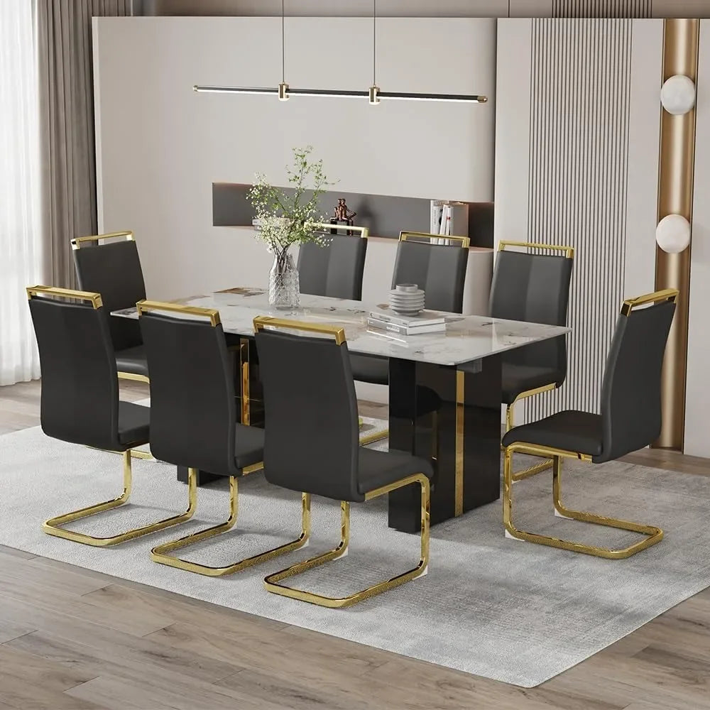 Dining Room Table Set , Faux Marble Table Set for 8 with PU Leather Chairs for Kitchen, Bar, Living Room,Dining Table and Chairs