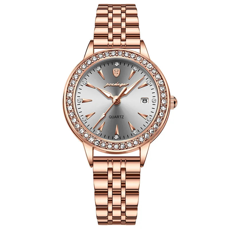 POEDAGAR Ultra Thin Women Watches Rose Gold Luxury Steel Strap Brand Diamond Dial Ladies Watch Bracelet Waterproof Date Clock