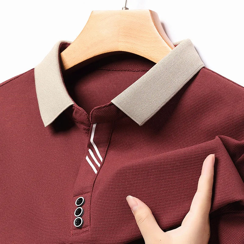 Autumn Spring New 2023 Men's Long Sleeve Polo Shirt Business Solid Scissor Neck Thin Breathable Polo T-shirt Men's Wear