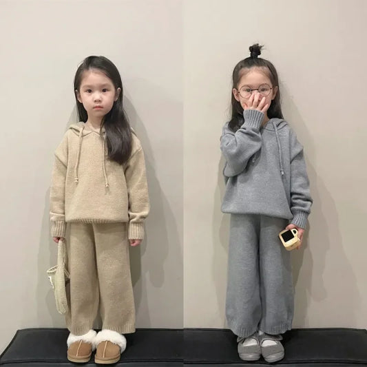 Korean Children's Sets Autumn Winter Girls Casual Sweater Set Hooded Knitted Coat and Pants Kids Two Piece Set Clothes