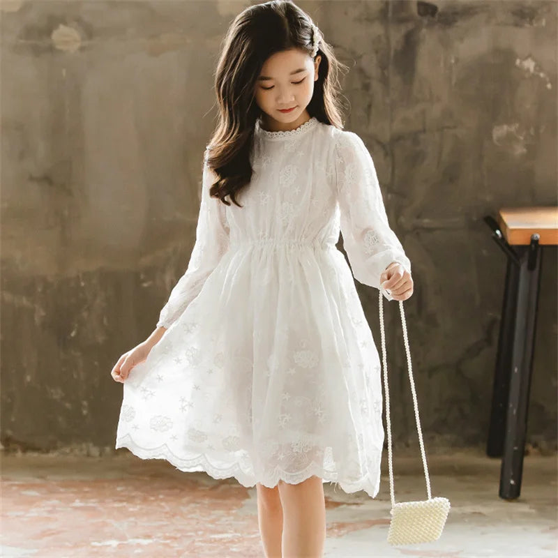 Kids Dresses Teenage White Wedding Party Lace Girl Dress Long Sleeve Children Carnival Spring Autumn 6 8 10 12 14 16 Years