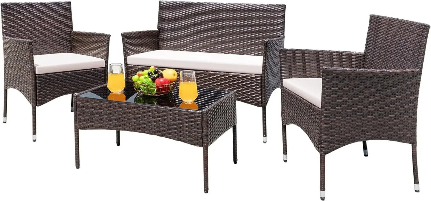 Patio Furniture 4 Pieces Conversation Sets Outdoor Wicker Rattan Chairs Garden Backyard Balcony Porch Poolside loveseat