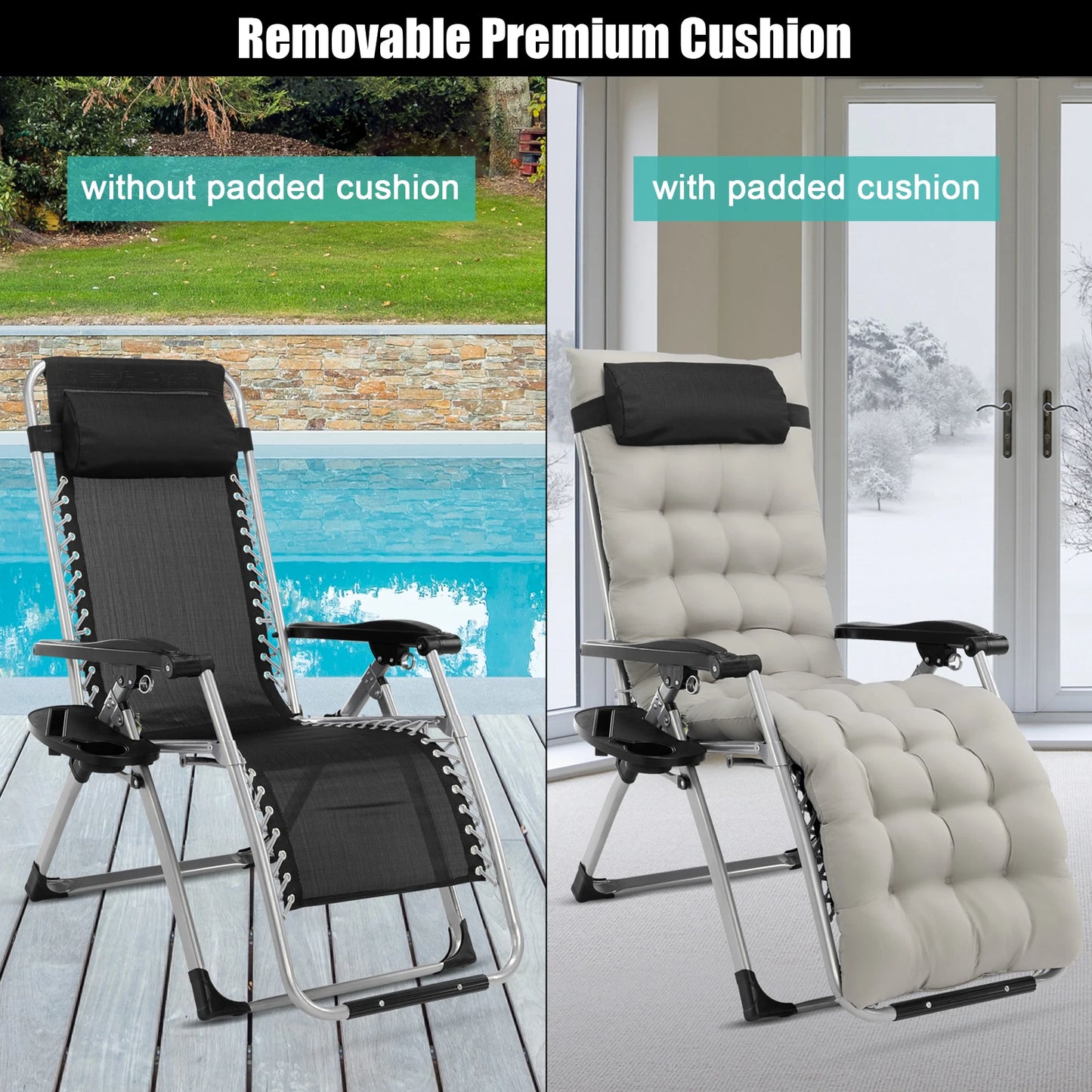 Gravity Chair with Pad, Patio Chairs with Pillow and Utility Tray Adjustable Folding Recliner for Deck,Patio,Beach,Yard,Grey