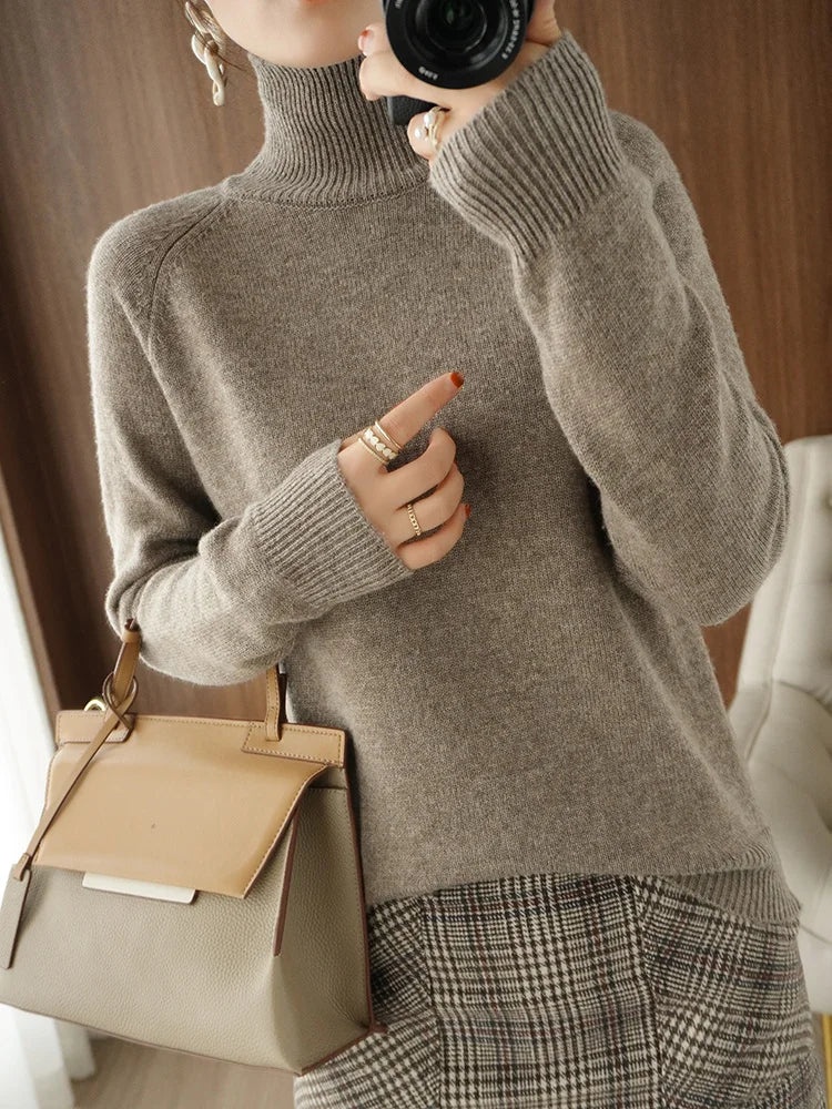 Fashion Basic Autumn Winter  Merino Wool Sweater Mock Neck Cashmere Pullover  Solid Color Soft Long Sleeve Clothing Tops