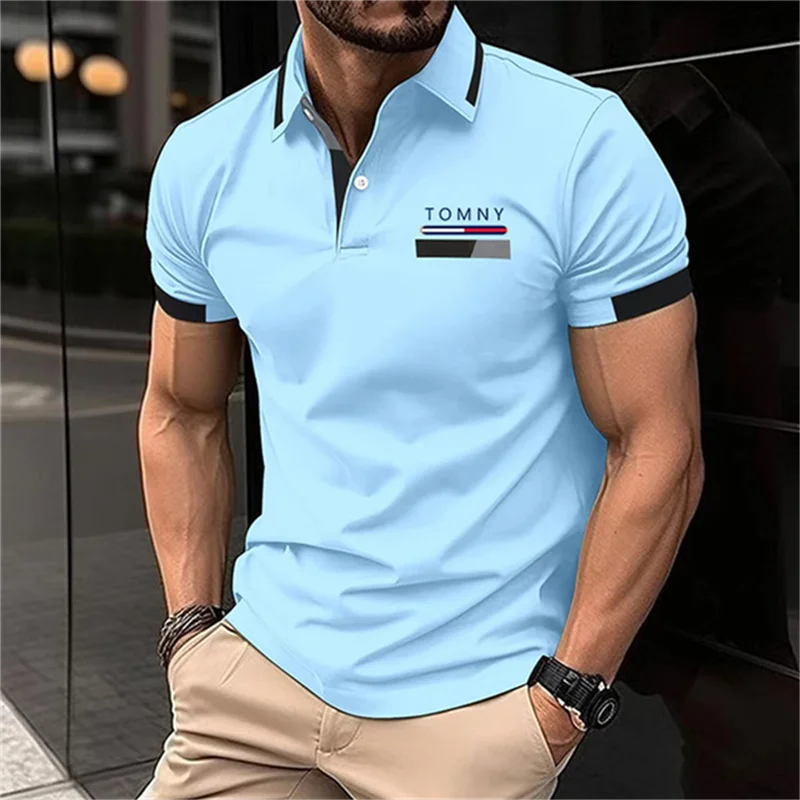 Summer Striped Print Golf T-shirt Men's Fashion Lapel Button Polo Shirt Hip-Hop Street Polos y2k Clothing Hot Sale