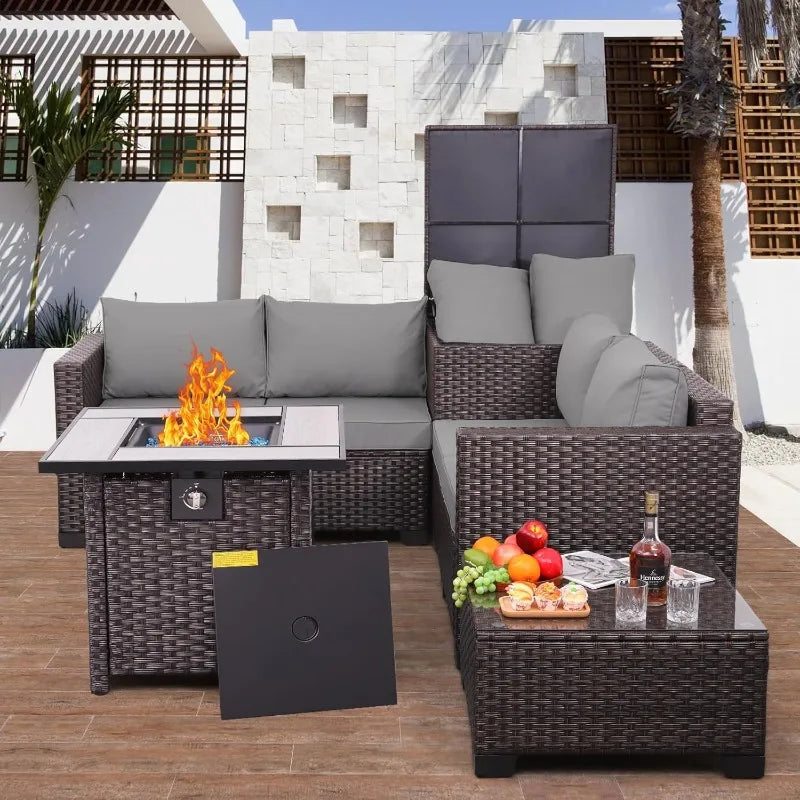 Patio Furniture Set PE Wicker Outdoor Brown Rattan Sectional Sofa Loveseat Couch Conversation Chair with Storage Bin