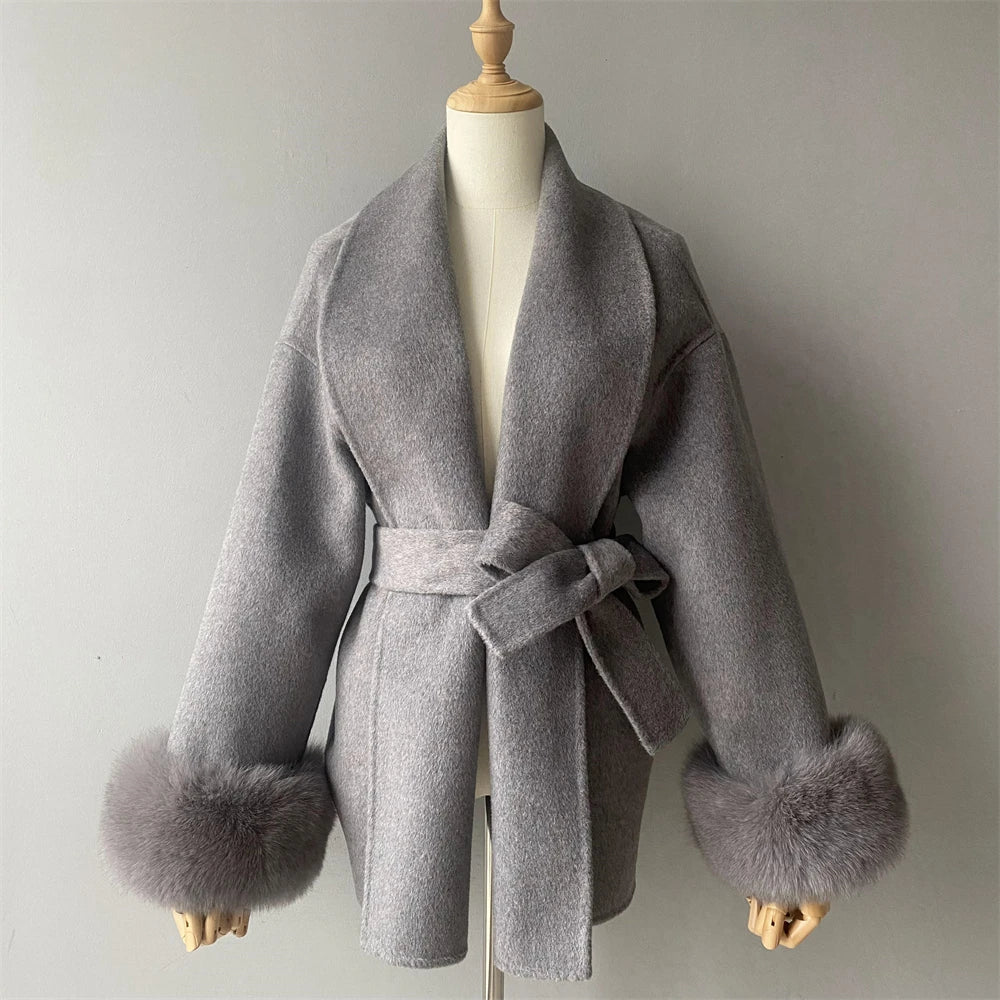 Jaxmonoy Women's Wool Coat with Real Fox Fur Collar and Cuffs Autumn Winter New Arrival Ladies Wool Jacket 2024 New In Outerwear