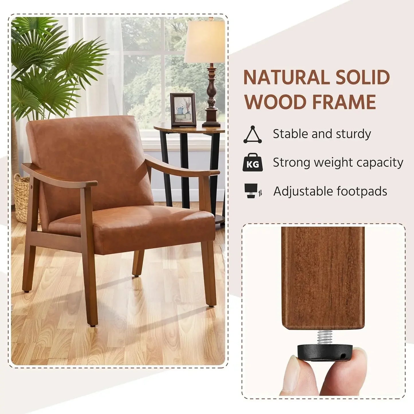 PU Leather Accent Chair, Mid-Century Modern Armchair with Solid Wood Legs, Reading Leisure Chair with High Back