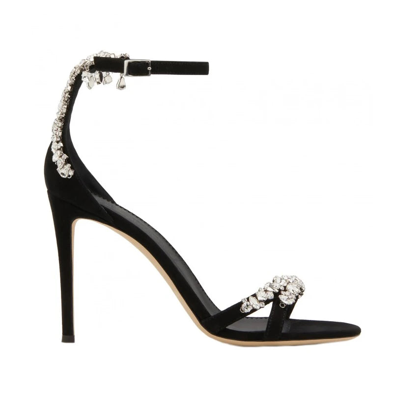 Black High Heels Women's Stiletto Heels Celebrity Style 2024 New Versatile Slotted Buckle Rhinestone Open Toe Round Toe Sandals