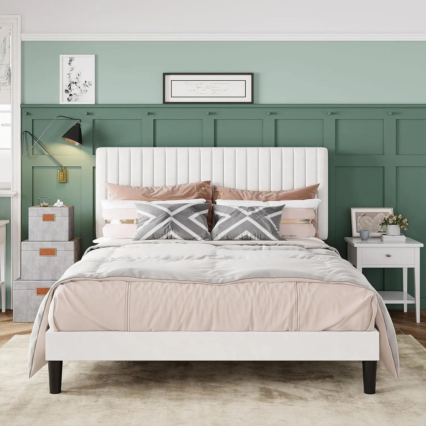 Queen Bed Frame, Velvet Upholstered Platform Bed with Adjustable Vertical Channel Tufted Headboard, Mattress Foundation