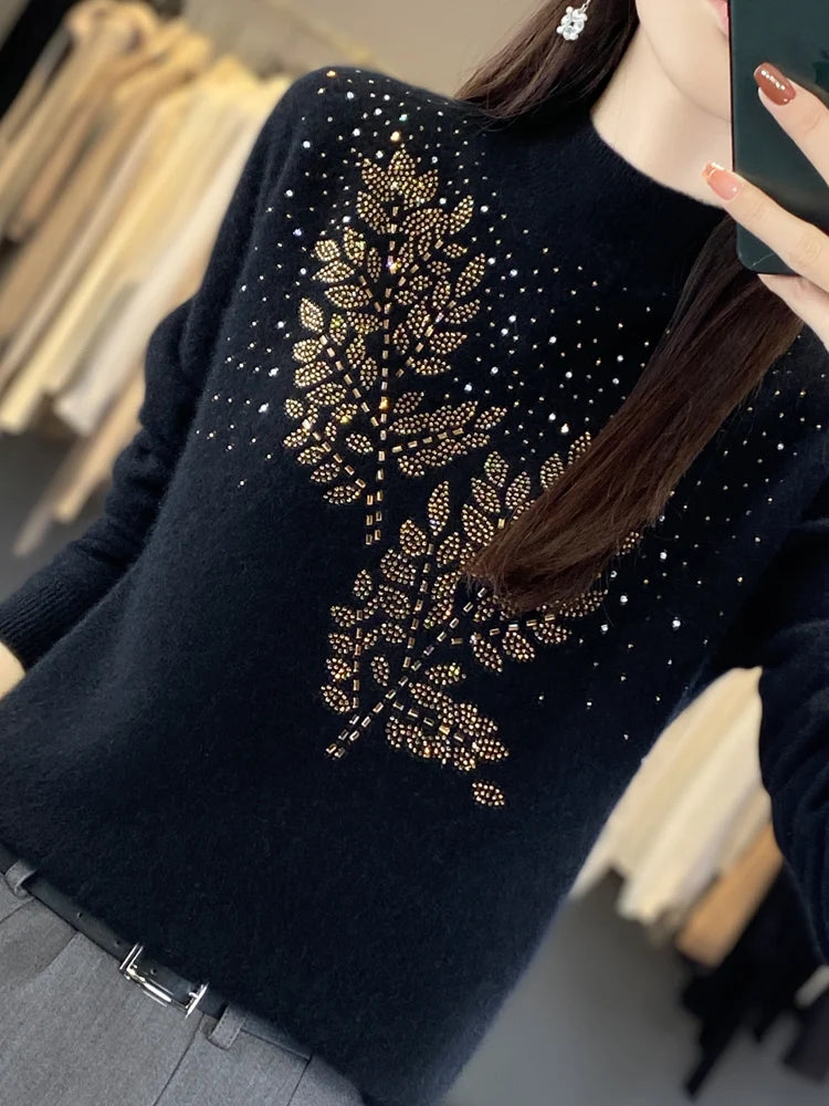 Women Autumn Winter Pure Wool Thickening Sweater Half-high Collar Leaf studded With Diamonds Pullover Female Knitted Basis Top