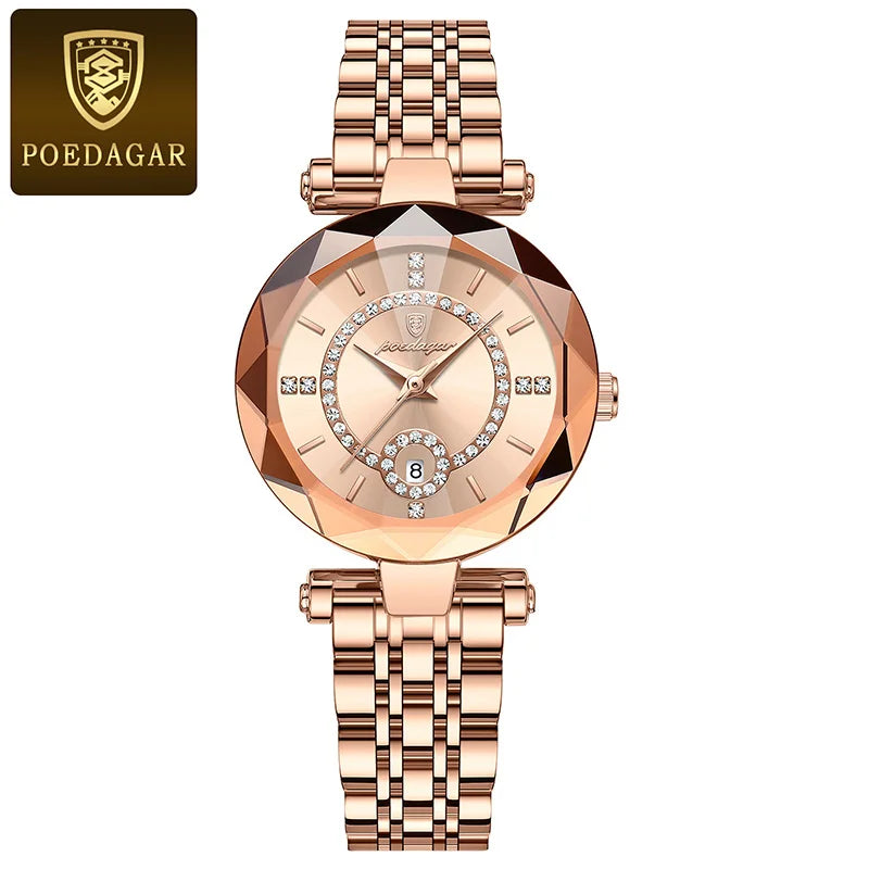 POEDAGAR Ultra Thin Diamond Womens Watch Luxury Waterproof Stainless Steel Quartz Woman Watch 2023 Elegant Rose Gold Clock Mujer