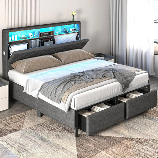 LED Bed Frame Queen Size with Headboard, Queen Platform Bed Frames with Storage Drawers and Charging Station, Upholstered