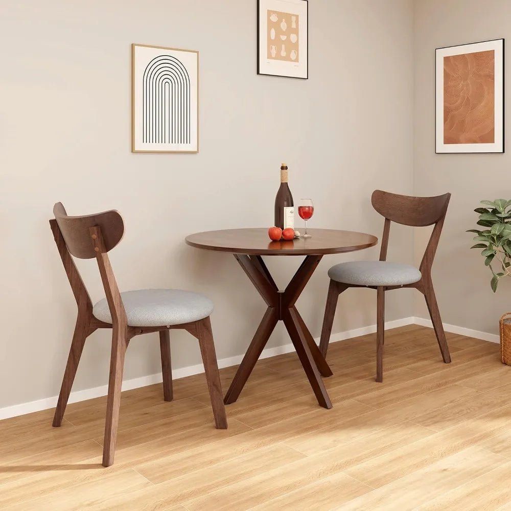 Small Kitchen Table Chairs Set, Mid-Century Wooden Round Dining Table and Two Dining Chairs