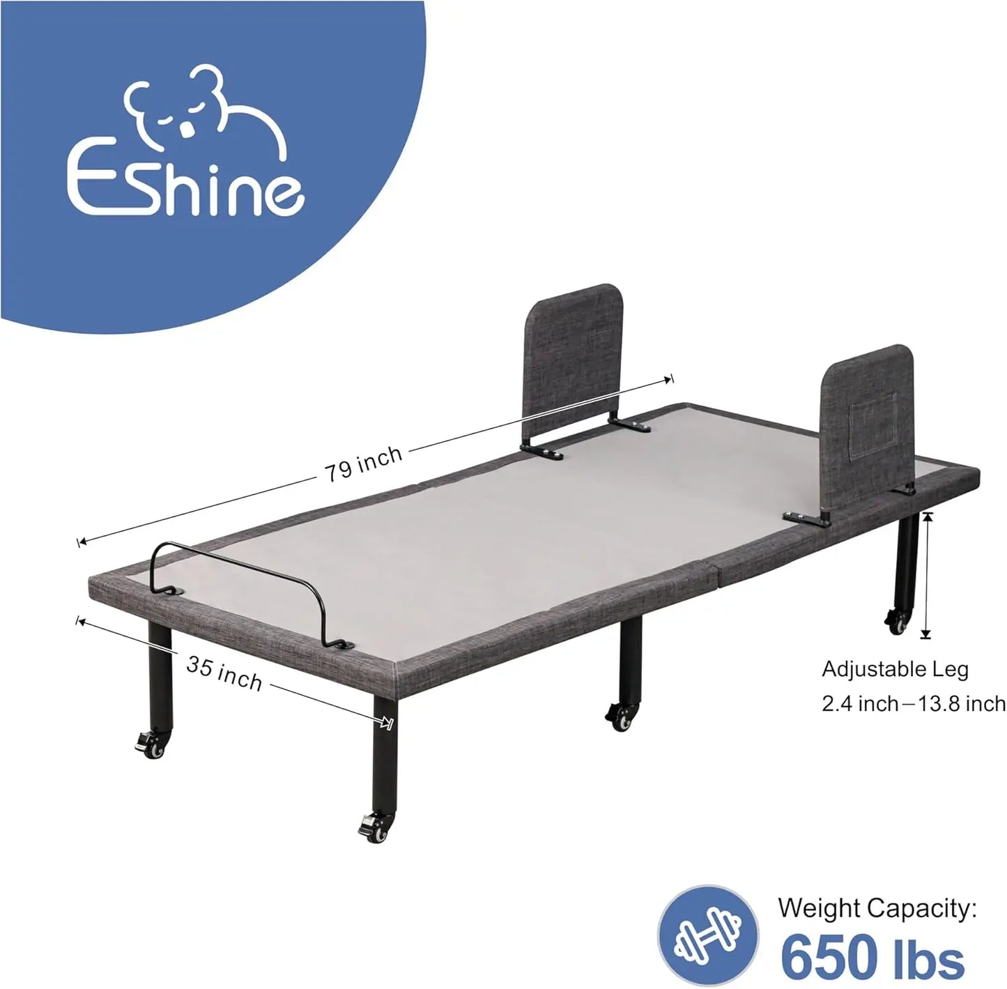 Adjustable Bed Frame with Wireless Remote, Head and Foot Incline, Adjustable Leg with Wheel, Bed Rail, Nursing Bed Base