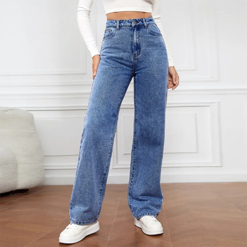 High Waist Light Blue Pocket Jeans Women's Street Simple Casual Autumn Spring Straight Leg Pants