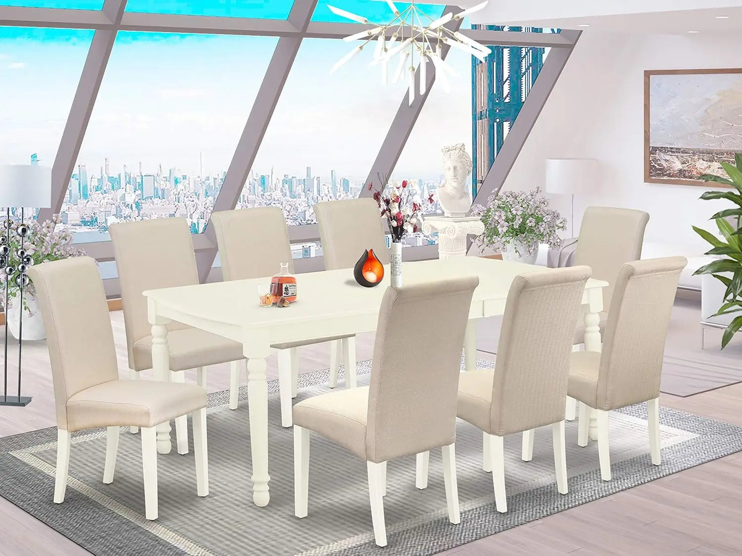 9 Piece Modern Dining Table Set Includes Rectangle Wooden Table with Butterfly Leaf and 8 Brown Linen Linen Fabric Parson Chairs