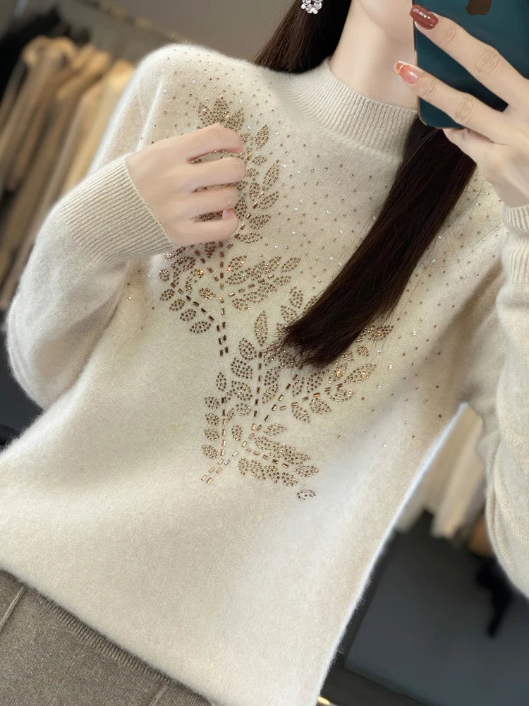 Women Autumn Winter Pure Wool Thickening Sweater Half-high Collar Leaf studded With Diamonds Pullover Female Knitted Basis Top