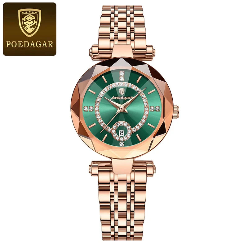 POEDAGAR Ultra Thin Diamond Womens Watch Luxury Waterproof Stainless Steel Quartz Woman Watch 2023 Elegant Rose Gold Clock Mujer