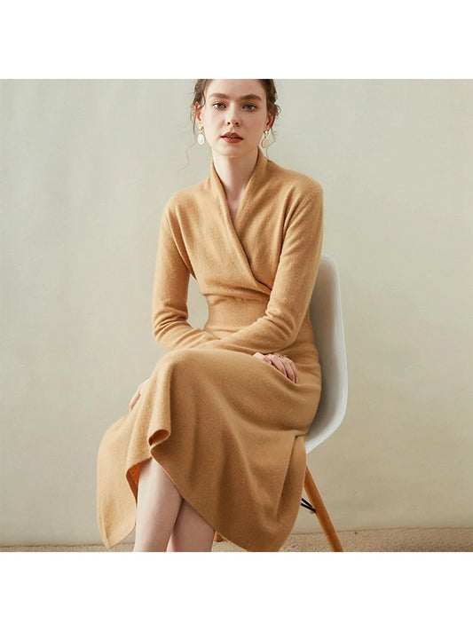 Birdtree Cashmere Wrap-up Dress Crossover V-neck Midi A-line Waist-length Over-the-knee Solid Commuting Knit Skirt D38012QD