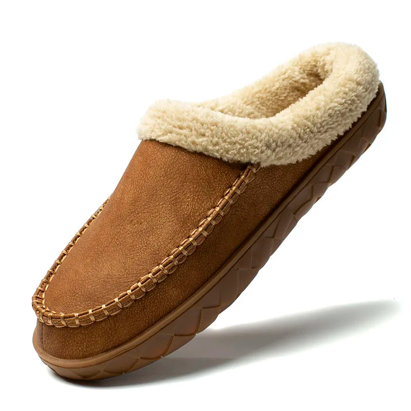 Men's Slippers Home Winter Indoor Plush Warm Shoes Thick Bottom Plush Waterproof Leather House Slippers Man Suede Cotton Shoes