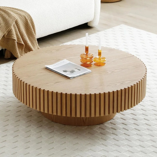 Round Wooden Coffee Table for Living Room, Modern Fluted Drum Side Table, Easy to Assemble for Tight Spaces