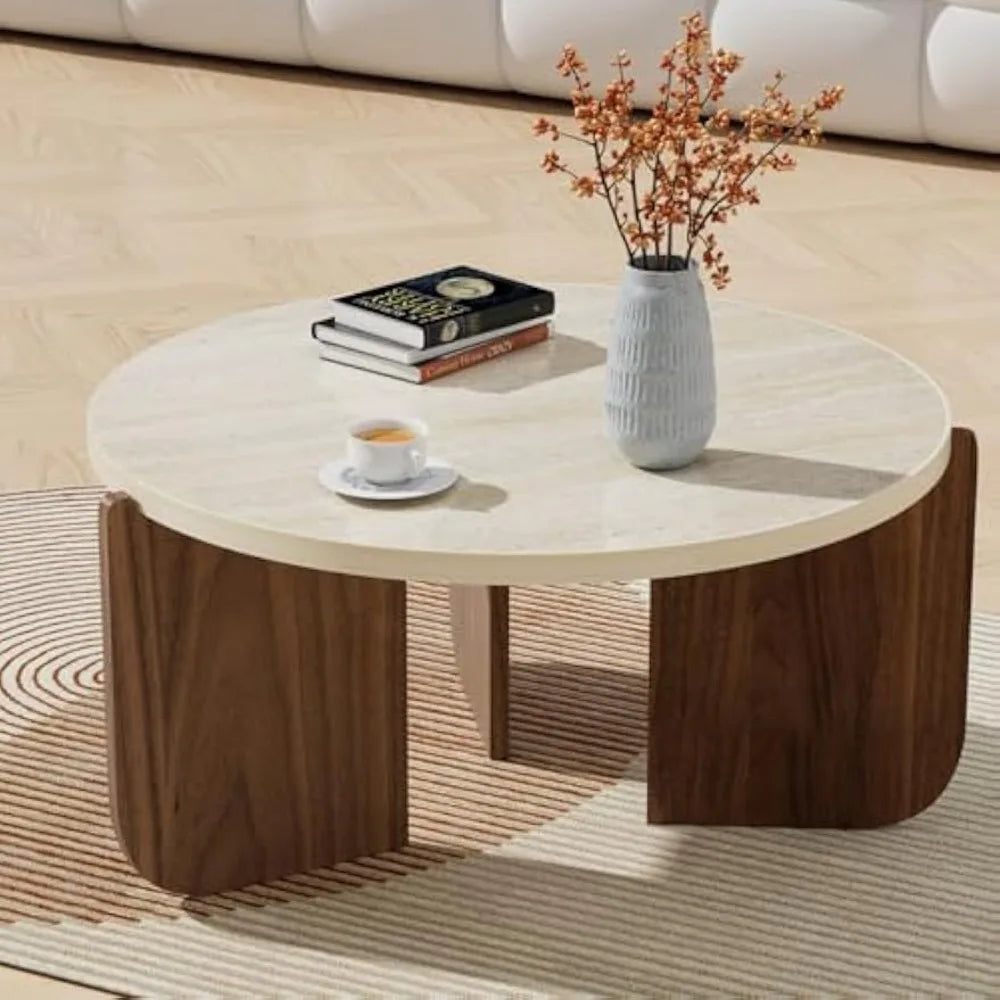 Round Travertine Texture Coffee Table – 28.4” Stone Coffee Table, Modern Design, Durable, Minimalist