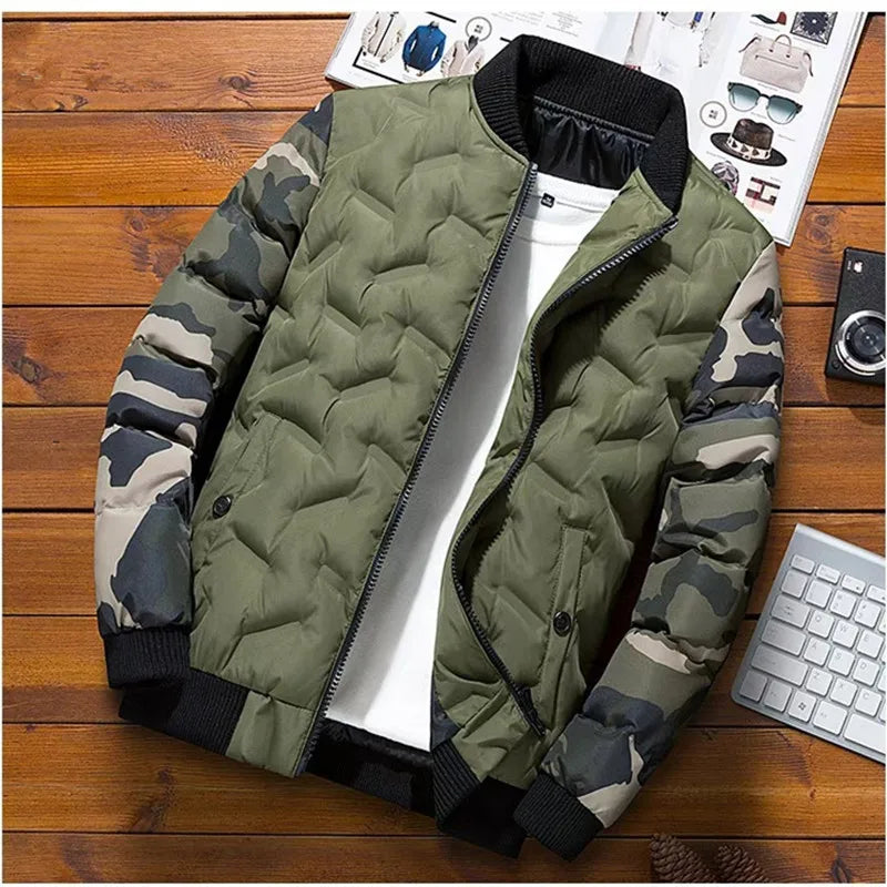 Men Winter Baseball Jacket Camouflage Patchwork Cotton Coats Slim Fit College Warm Jackets Men's Stand Collar Outwear Coat