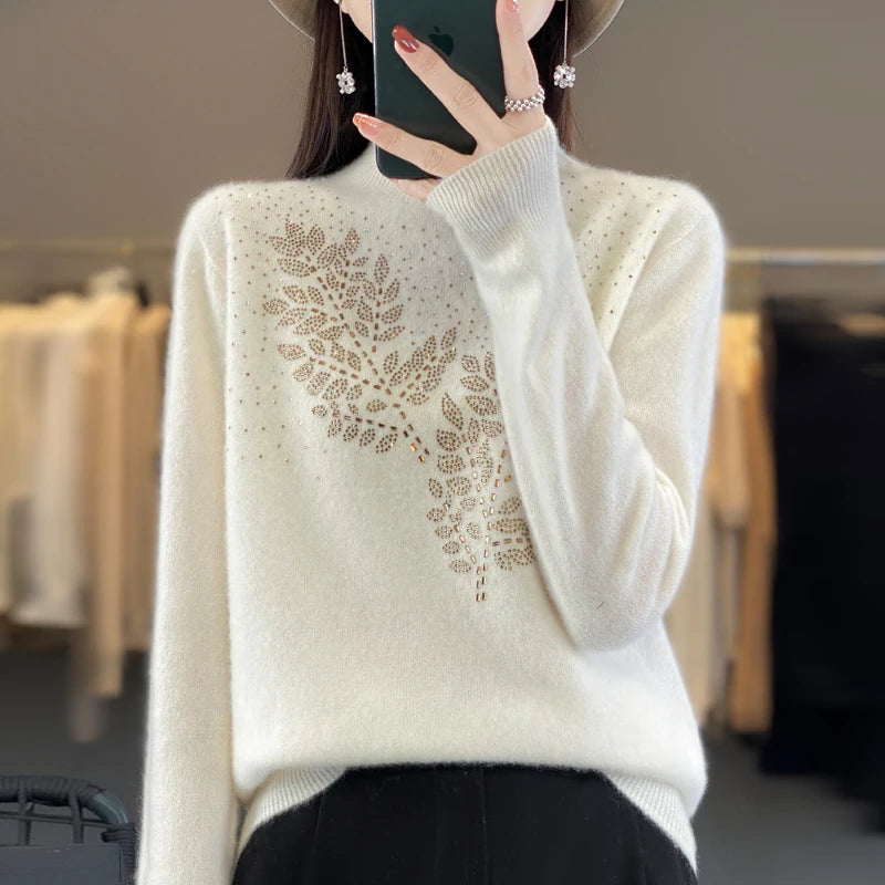 Women Autumn Winter Pure Wool Thickening Sweater Half-high Collar Leaf studded With Diamonds Pullover Female Knitted Basis Top