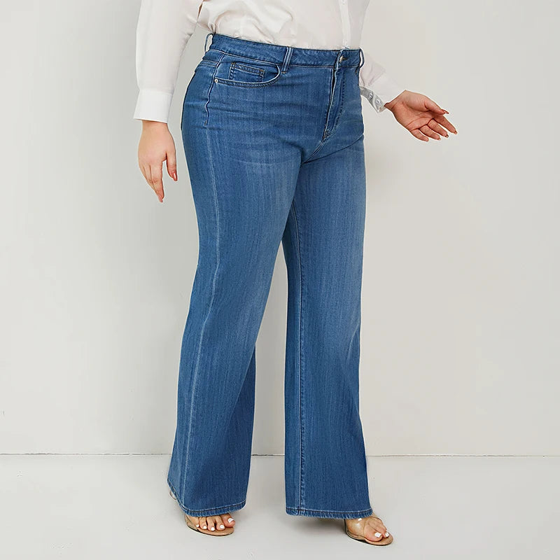 2022 Plus Size Wide Leg Women Jeans Straight Fitting High Waist Stretchy Washing Full Length 175cms Tall Jeans Curve Women Jeans