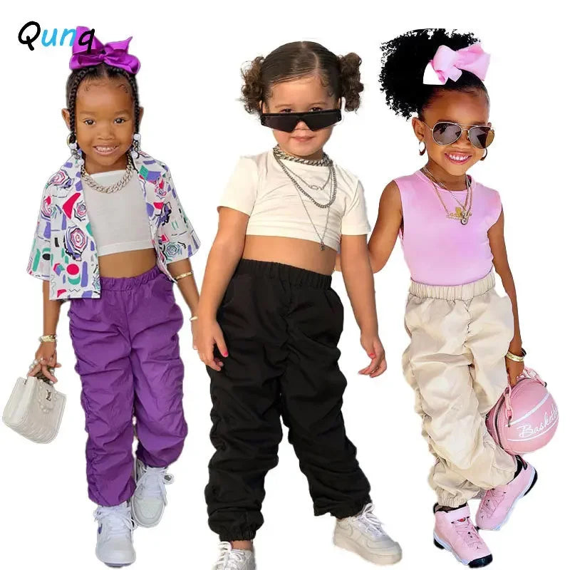 Qunq 2023 Summer INS New Boys And Girls Solid Hight Waist Loose Street Fashion Cargo Pants Sporty Casual Kids Clothes Age 3T-8T