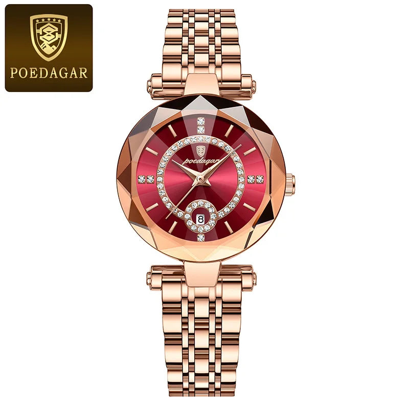 POEDAGAR Ultra Thin Diamond Womens Watch Luxury Waterproof Stainless Steel Quartz Woman Watch 2023 Elegant Rose Gold Clock Mujer