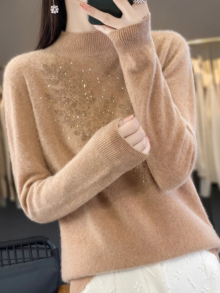 Women Autumn Winter Pure Wool Thickening Sweater Half-high Collar Leaf studded With Diamonds Pullover Female Knitted Basis Top