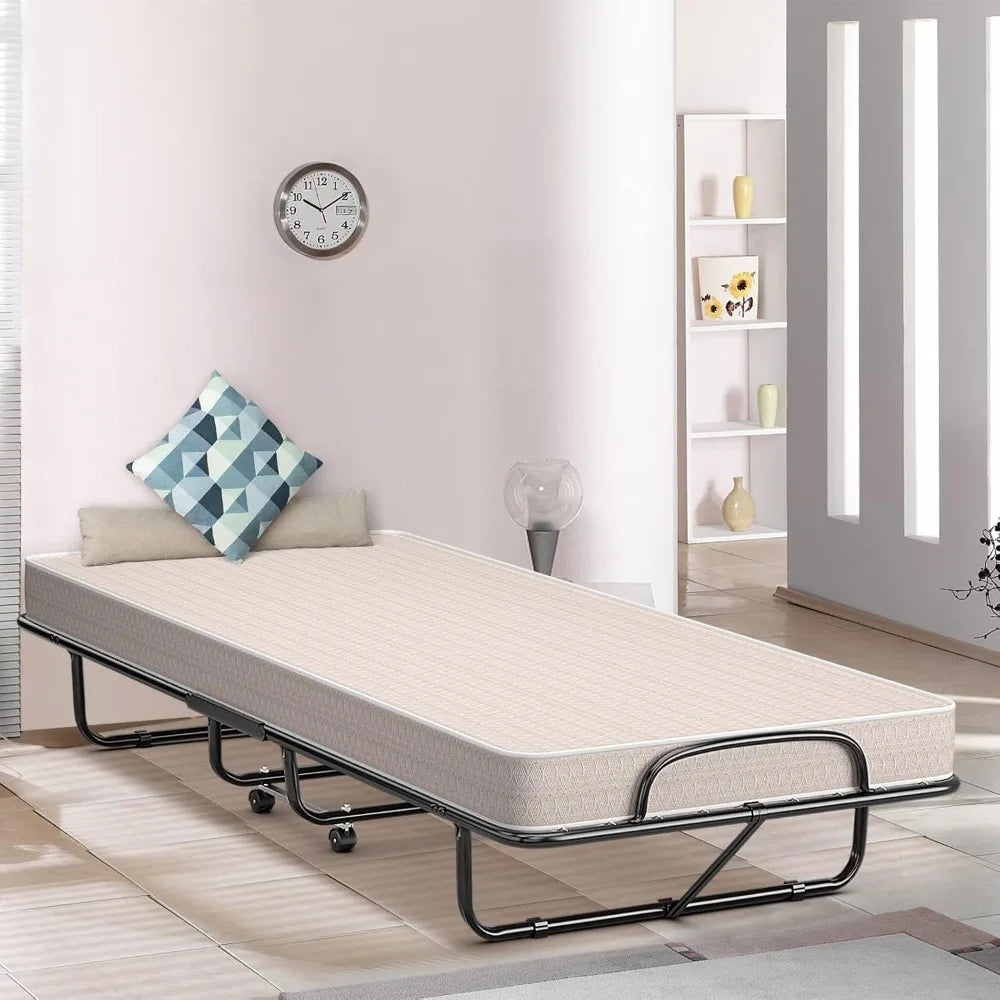 FoldingBedwithMattress with Memory Foam Mattress,Portable Fold Up Guest Bed with Sturdy Steel Frame on Wheels for Home