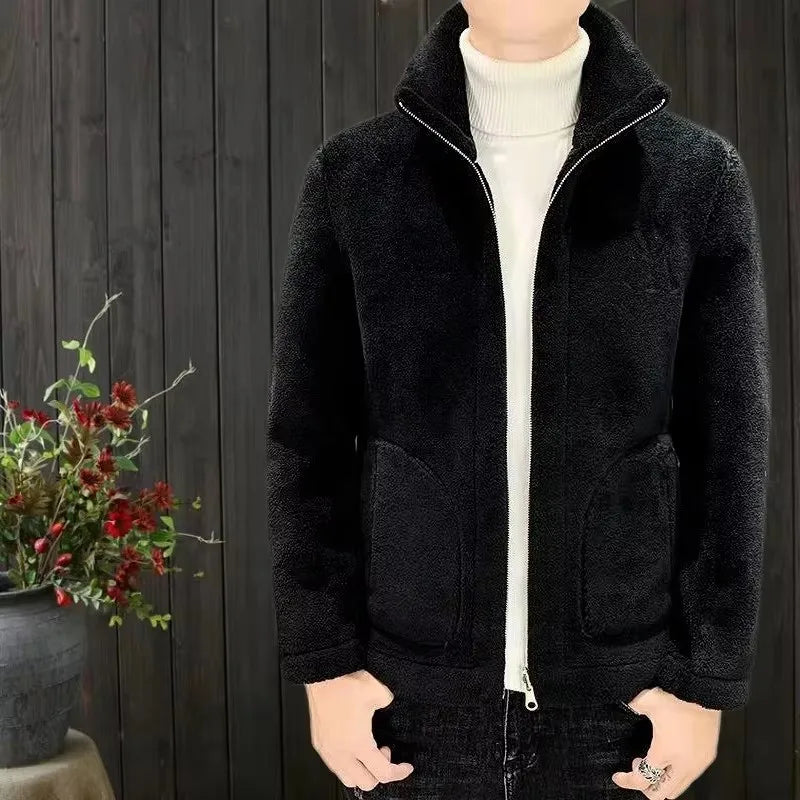 2024Fashionable autumn and winter new lamb wool jacket men's stand up collar trend with thick wool men's cotton jacket