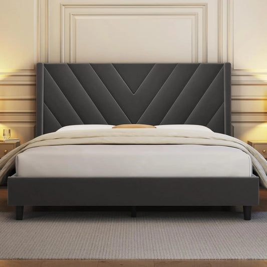 US Queen/Full Bed Frame Upholstered Platform Bed with Wing Side/Wooden Slat Support/Tufted Headboard with Wing