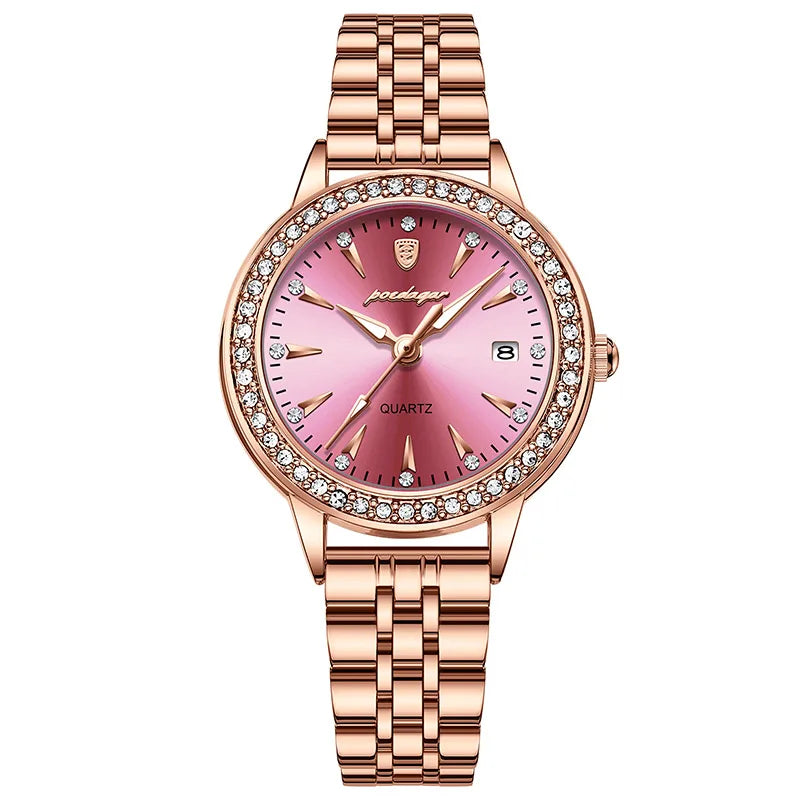 POEDAGAR Ultra Thin Women Watches Rose Gold Luxury Steel Strap Brand Diamond Dial Ladies Watch Bracelet Waterproof Date Clock