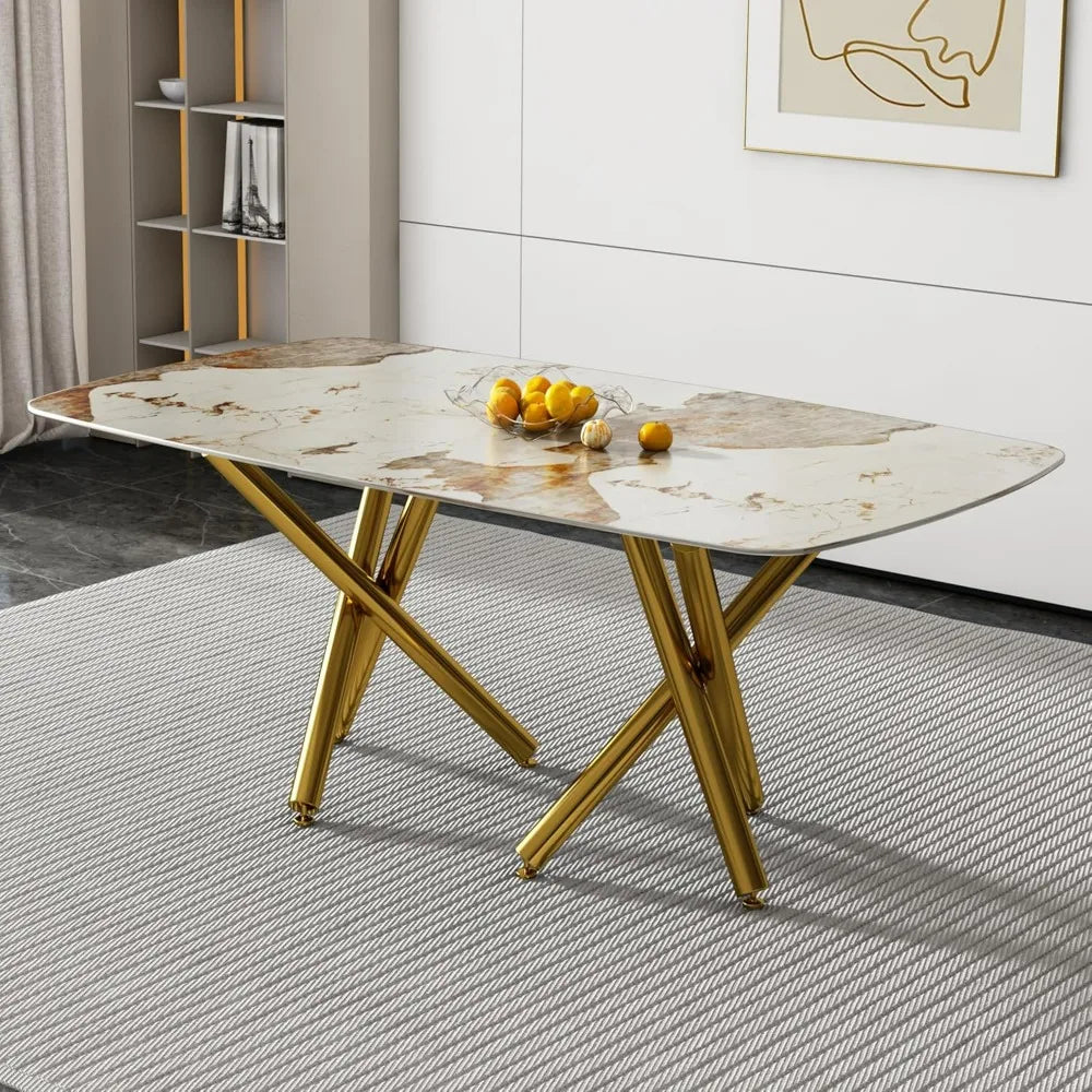 71“Glass Dining Tables, Dining Room Table for 6-8， Dinings Room Funiture, Top and Gold Metal Legs, Gold KitchenTables