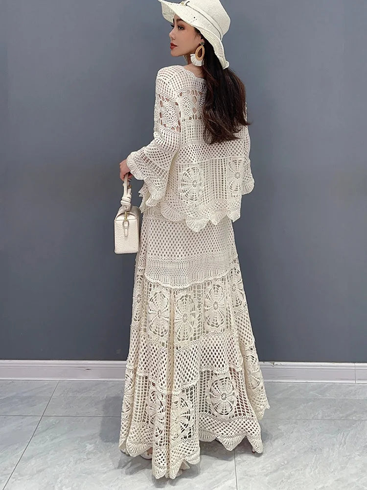 SHENGPALAE New Lace Set With Hollow Top Swing Long Skirt 2 Piece Set Fashionable Elegant Lady 2024 Spring Summer Clothes 5R9560