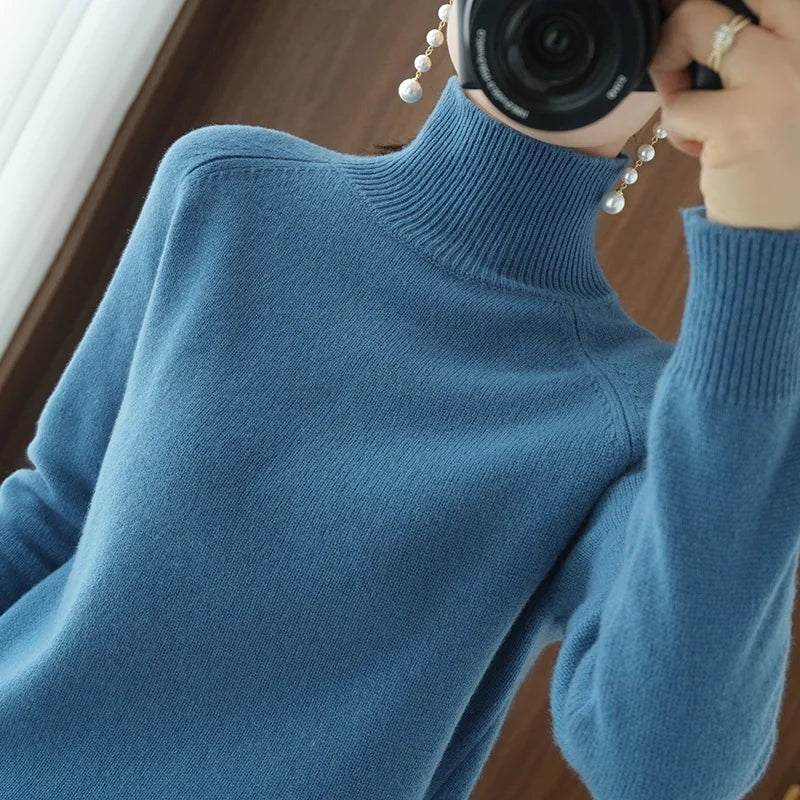 Fashion Basic Autumn Winter  Merino Wool Sweater Mock Neck Cashmere Pullover  Solid Color Soft Long Sleeve Clothing Tops