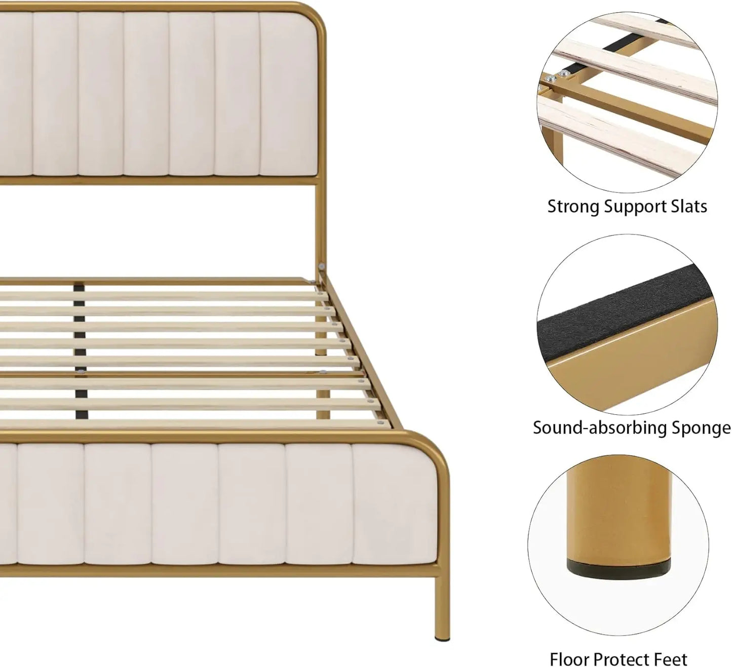 Full Size Bed Frame with Button Tufted Headboard, Upholstered Heavy Duty Metal Mattress Foundation with Wooden Slats